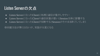 Listen Serverの欠点
● Listen ServerになったClientに処理と通信が集中しやすい
● Listen ServerになったClientの通信状態が悪いとSession全体に影響する
● Listen ServerになったClientが切断するとSessionがそのまま終了してしまう
※回避方法が無くはないが、実装が大変になる
12
 