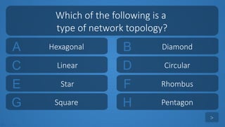 tekhnologic
A Hexagonal B Diamond
C Linear D Circular
Which of the following is a
type of network topology?
>
E Star F Rhombus
G Square H Pentagon
 