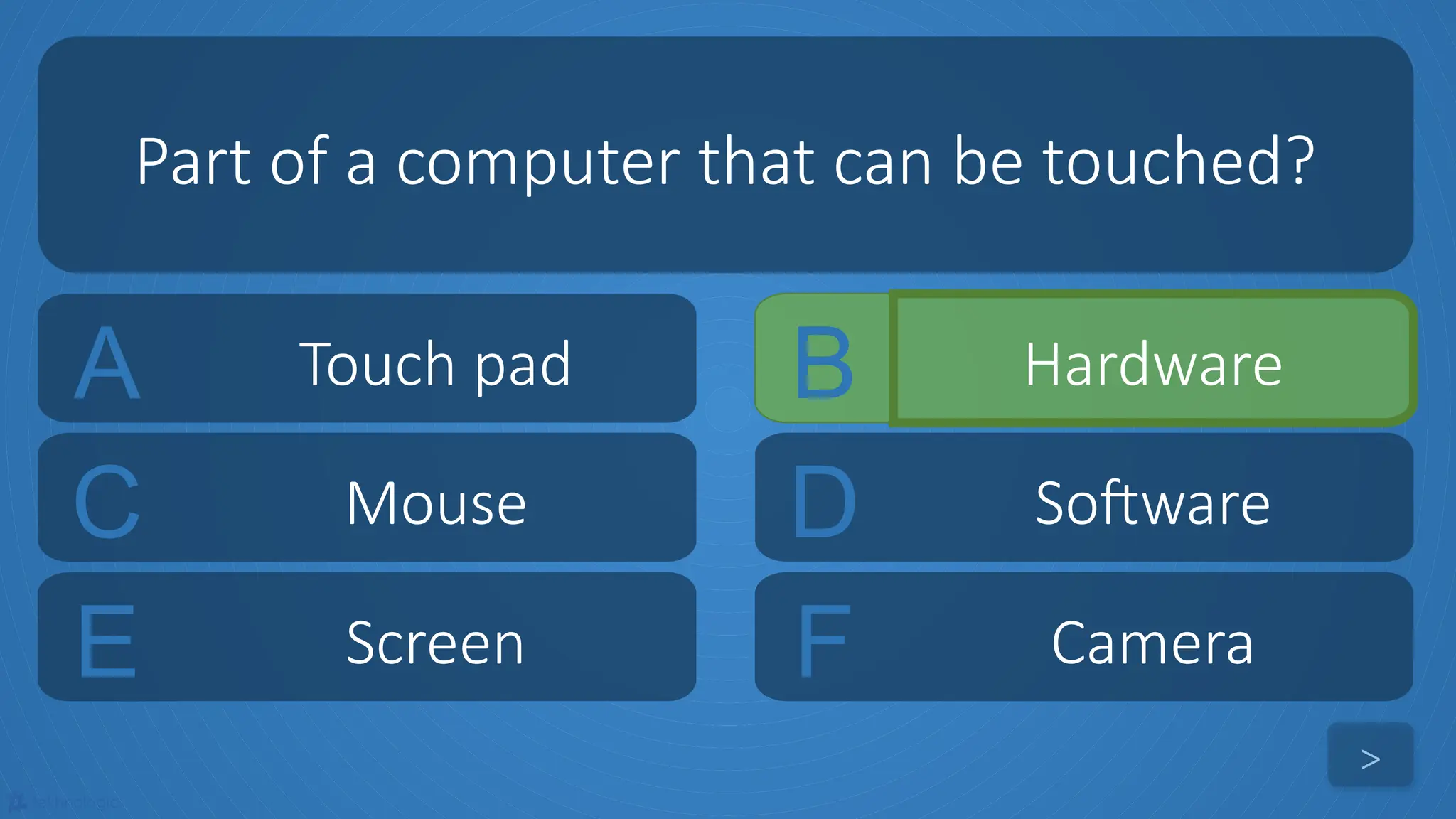 tekhnologic
A Touch pad B Hardware
C Mouse D Software
Part of a computer that can be touched?
>
E Screen F Camera
 