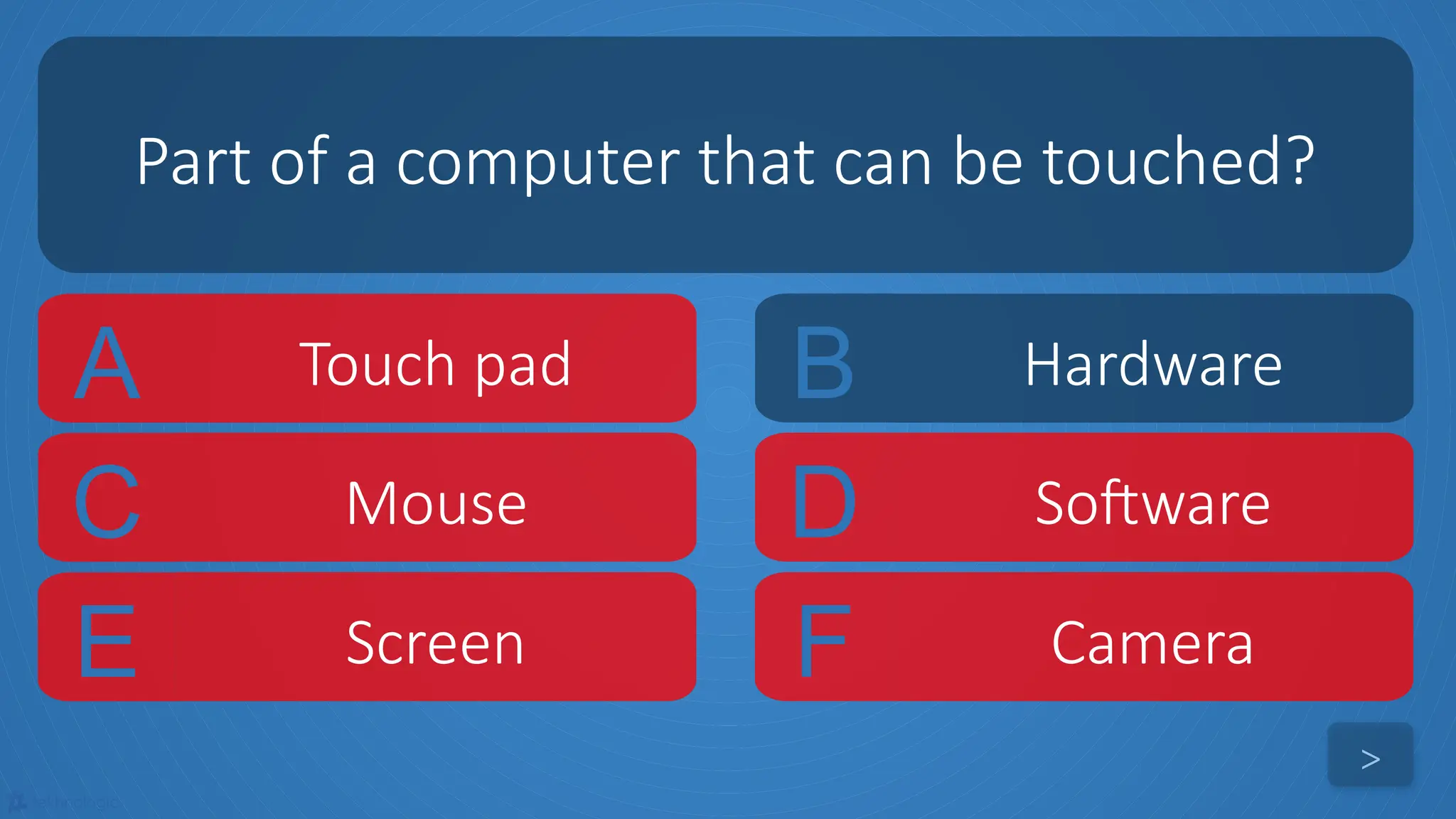 tekhnologic
A Touch pad B Hardware
C Mouse D Software
Part of a computer that can be touched?
>
E Screen F Camera
 