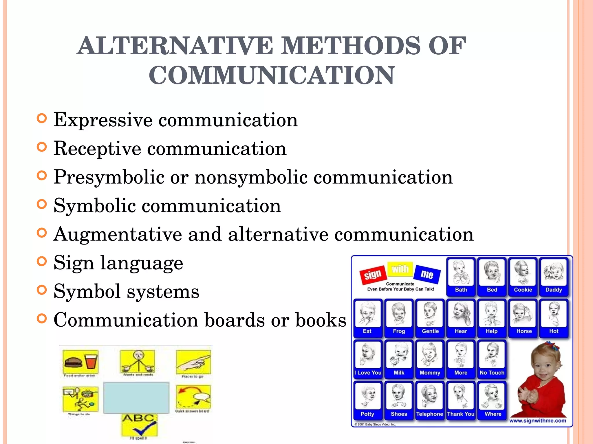 ALTERNATIVE METHODS OF COMMUNICATION Expressive communication Receptive communication Presymbolic or nonsymbolic communication Symbolic communication Augmentative and alternative communication Sign language Symbol systems Communication boards or books 