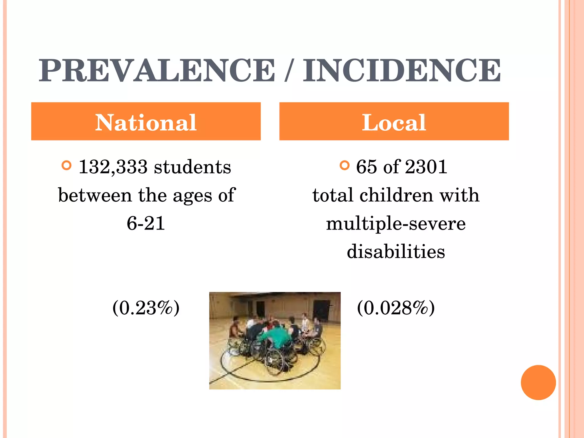 PREVALENCE / INCIDENCE 132,333 students between the ages of 6-21 (0.23%) 65 of 2301  total children with multiple-severe disabilities (0.028%) National Local 