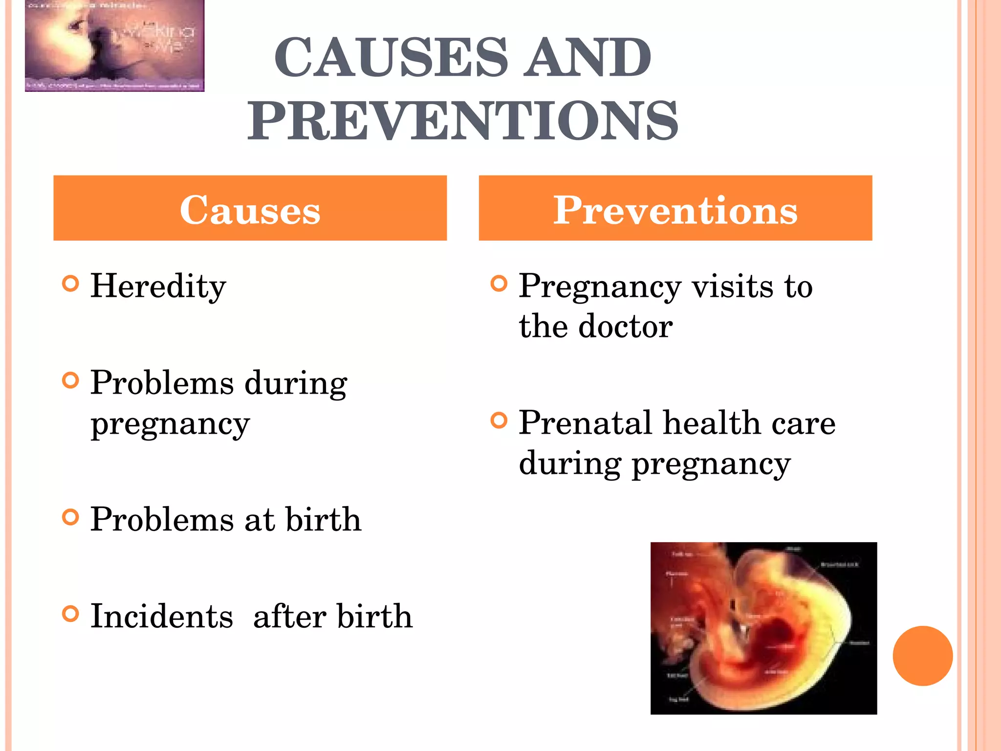 CAUSES AND PREVENTIONS Heredity Problems during pregnancy Problems at birth Incidents  after birth Pregnancy visits to the doctor Prenatal health care during pregnancy Causes Preventions 