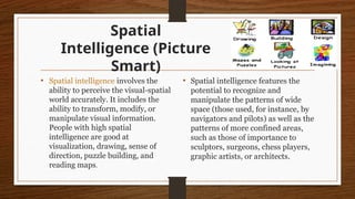Spatial
Intelligence (Picture
Smart)
• Spatial intelligence involves the
ability to perceive the visual-spatial
world accurately. It includes the
ability to transform, modify, or
manipulate visual information.
People with high spatial
intelligence are good at
visualization, drawing, sense of
direction, puzzle building, and
reading maps.
• Spatial intelligence features the
potential to recognize and
manipulate the patterns of wide
space (those used, for instance, by
navigators and pilots) as well as the
patterns of more confined areas,
such as those of importance to
sculptors, surgeons, chess players,
graphic artists, or architects.
 