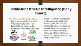 Bodily-Kinesthetic Intelligence (Body
Smart)
• Bodily-kinesthetic intelligence
is the potential of using one’s
whole body or parts of the
body (like the hand or the
mouth) to solve problems or to
fashion products.
• Bodily-kinesthetic intelligence
involves using the body with
finesse, grace, and skill. It
includes physical coordination,
balance, dexterity, strength, and
flexibility. People with high
bodily-kinesthetic intelligence
are good at sports, dance, acting,
and physical crafts.
 