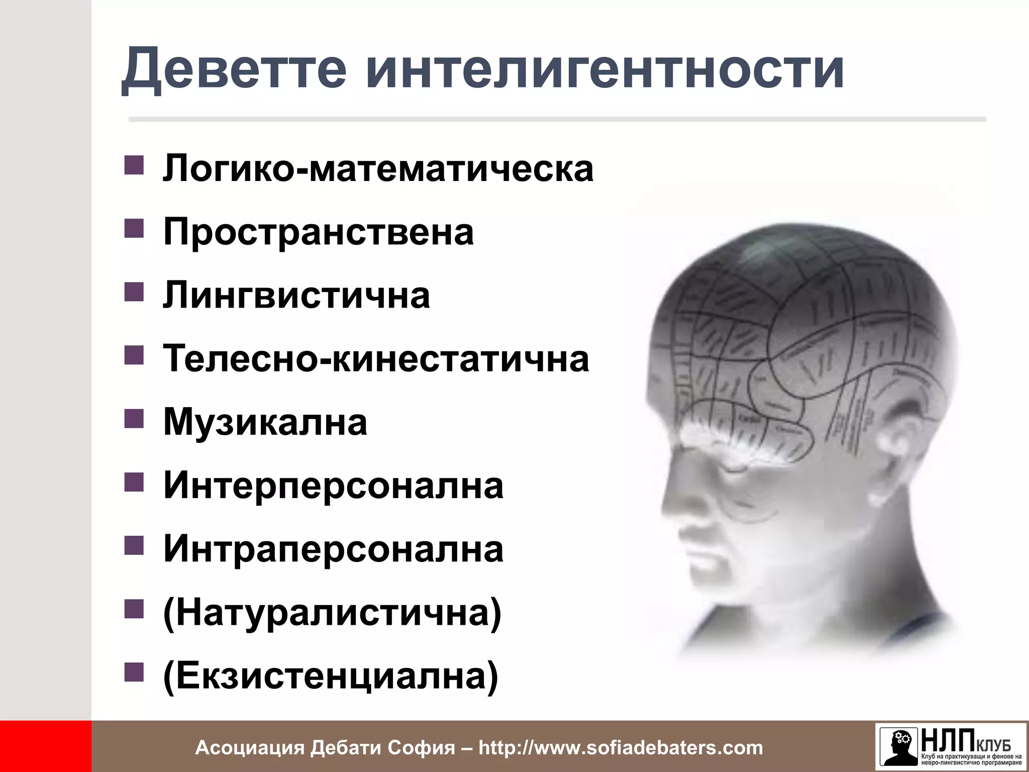 Деветте интелигентности
 Логико-математическа
 Пространствена
 Лингвистична
 Телесно-кинестатична
 Музикална
 Интерперсонална
 Интраперсонална
 (Натуралистична)
 (Екзистенциална)

   Асоциация Дебати София – http://www.sofiadebaters.com
 
