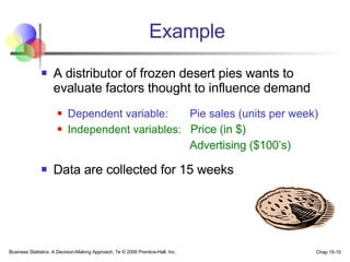 Example A distributor of frozen desert pies wants to evaluate factors thought to influence demand Dependent variable:  Pie sales (units per week) Independent variables:  Price (in $)   Advertising ($100’s) Data are collected for 15 weeks 