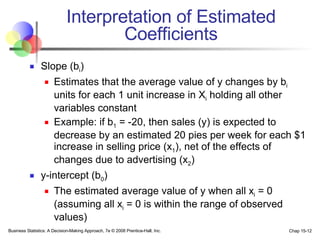 Interpretation of Estimated Coefficients Slope (b i ) Estimates that the average value of y changes by b i  units for each 1 unit increase in X i  holding all other variables constant Example: if b 1  = -20, then sales (y) is expected to decrease by an estimated 20 pies per week for each $1 increase in selling price (x 1 ), net of the effects of changes due to advertising (x 2 ) y-intercept (b 0 ) The estimated average value of y when all x i  = 0 (assuming all x i  = 0 is within the range of observed values) 