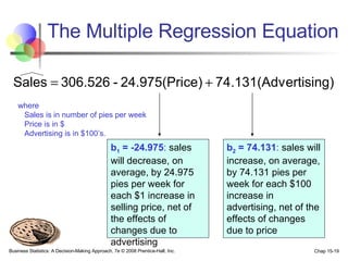 The Multiple Regression Equation b 1  = -24.975 :  sales will decrease, on average, by 24.975 pies per week for each $1 increase in selling price, net of the effects of changes due to advertising b 2  = 74.131 :  sales will increase, on average, by 74.131 pies per week for each $100 increase in advertising, net of the effects of changes due to price where Sales is in number of pies per week Price is in $ Advertising is in $100’s. 