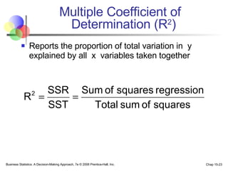 Multiple Coefficient of   Determination (R 2 ) Reports the proportion of total variation in  y explained by all  x  variables taken together 