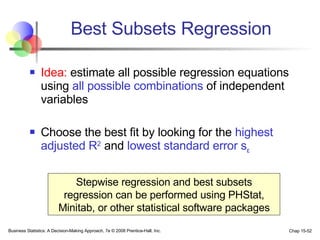 Best Subsets Regression Idea:  estimate all possible regression equations using  all possible combinations  of independent variables Choose the best fit by looking for the  highest adjusted R 2  and  lowest standard error s ε Stepwise regression and best subsets regression can be performed using PHStat, Minitab, or other statistical software packages 