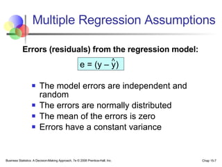 Multiple Regression Assumptions The model errors are independent and random The errors are normally distributed The mean of the errors is zero Errors have a constant variance e = (y – y) < Errors (residuals) from the regression model: 