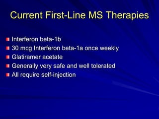 Current First-Line MS Therapies
Interferon beta-1b
30 mcg Interferon beta-1a once weekly
Glatiramer acetate
Generally very safe and well tolerated
All require self-injection
 