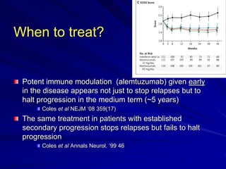 When to treat?
Potent immune modulation (alemtuzumab) given early
in the disease appears not just to stop relapses but to
halt progression in the medium term (~5 years)
Coles et al NEJM „08 359(17)
The same treatment in patients with established
secondary progression stops relapses but fails to halt
progression
Coles et al Annals Neurol. „99 46
 