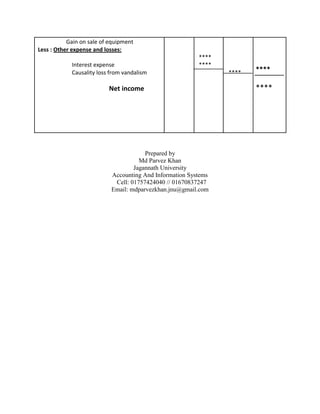 Gain on sale of equipment
Less : Other expense and losses:
****
Interest expense ****
****Causality loss from vandalism ****
Net income ****
Prepared by
Md Parvez Khan
Jagannath University
Accounting And Information Systems
Cell: 01757424040 // 01670837247
Email: mdparvezkhan.jnu@gmail.com
 