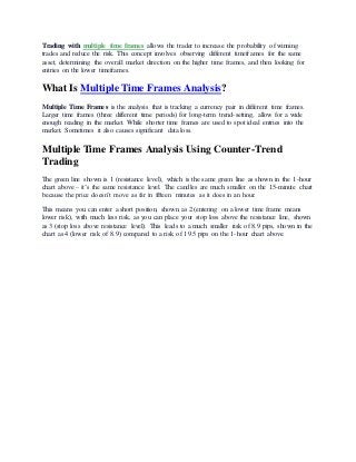 Trading with multiple time frames allows the trader to increase the probability of winning
trades and reduce the risk. This concept involves observing different timeframes for the same
asset, determining the overall market direction on the higher time frames, and then looking for
entries on the lower timeframes.
What Is Multiple Time Frames Analysis?
Multiple Time Frames is the analysis that is tracking a currency pair in different time frames.
Larger time frames (three different time periods) for long-term trend-setting, allow for a wide
enough reading in the market. While shorter time frames are used to spot ideal entries into the
market. Sometimes it also causes significant data loss.
Multiple Time Frames Analysis Using Counter-Trend
Trading
The green line shown is 1 (resistance level), which is the same green line as shown in the 1-hour
chart above – it’s the same resistance level. The candles are much smaller on the 15-minute chart
because the price doesn’t move as far in fifteen minutes as it does in an hour.
This means you can enter a short position, shown as 2 (entering on a lower time frame means
lower risk), with much less risk, as you can place your stop loss above the resistance line, shown
as 3 (stop loss above resistance level). This leads to a much smaller risk of 8.9 pips, shown in the
chart as 4 (lower risk of 8.9) compared to a risk of 19.5 pips on the 1-hour chart above.
 