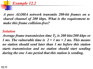 12.11
A pure ALOHA network transmits 200-bit frames on a
shared channel of 200 kbps. What is the requirement to
make this frame collision-free?
Example 12.2
Solution
Average frame transmission time Tfr is 200 bits/200 kbps or
1 ms. The vulnerable time is 2 × 1 ms = 2 ms. This means
no station should send later than 1 ms before this station
starts transmission and no station should start sending
during the one 1-ms period that this station is sending.
 