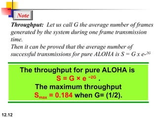 12.12
The throughput for pure ALOHA is
S = G × e −2G
.
The maximum throughput
Smax = 0.184 when G= (1/2).
Note
Throughput: Let us call G the average number of frames
generated by the system during one frame transmission
time.
Then it can be proved that the average number of
successful transmissions for pure ALOHA is S = G x e-2G
 