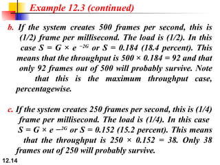 12.14
Example 12.3 (continued)
b. If the system creates 500 frames per second, this is
(1/2) frame per millisecond. The load is (1/2). In this
case S = G × e −2G
or S = 0.184 (18.4 percent). This
means that the throughput is 500 × 0.184 = 92 and that
only 92 frames out of 500 will probably survive. Note
that this is the maximum throughput case,
percentagewise.
c. If the system creates 250 frames per second, this is (1/4)
frame per millisecond. The load is (1/4). In this case
S = G × e −2G
or S = 0.152 (15.2 percent). This means
that the throughput is 250 × 0.152 = 38. Only 38
frames out of 250 will probably survive.
 