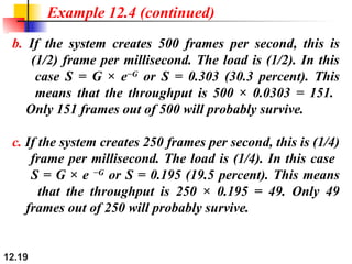 12.19
Example 12.4 (continued)
b. If the system creates 500 frames per second, this is
(1/2) frame per millisecond. The load is (1/2). In this
case S = G × e−G
or S = 0.303 (30.3 percent). This
means that the throughput is 500 × 0.0303 = 151.
Only 151 frames out of 500 will probably survive.
c. If the system creates 250 frames per second, this is (1/4)
frame per millisecond. The load is (1/4). In this case
S = G × e −G
or S = 0.195 (19.5 percent). This means
that the throughput is 250 × 0.195 = 49. Only 49
frames out of 250 will probably survive.
 
