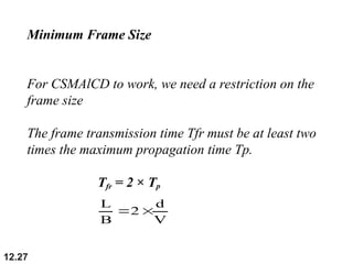 12.27
Minimum Frame Size
For CSMAlCD to work, we need a restriction on the
frame size
The frame transmission time Tfr must be at least two
times the maximum propagation time Tp.
Tfr = 2 × Tp
L d
2
B V
 
 