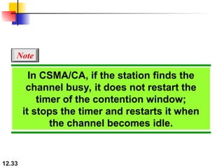 12.33
In CSMA/CA, if the station finds the
channel busy, it does not restart the
timer of the contention window;
it stops the timer and restarts it when
the channel becomes idle.
Note
 