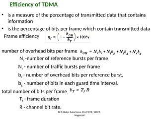 Efficiency of TDMA
• is a measure of the percentage of transmitted data that contains
information
• is the percentage of bits per frame which contain transmitted data
Frame efficiency
number of overhead bits per frame
Nr -number of reference bursts per frame
Nt - number of traffic bursts per frame
br - number of overhead bits per reference burst,
bg - number of bits in each guard time interval.
total number of bits per frame
Tf - frame duration
R - channel bit rate.
Dr.C.Helen Sulochana, Prof/ ECE, SXCCE,
Nagercoil
 