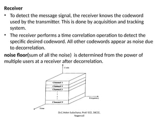 Receiver
• To detect the message signal, the receiver knows the codeword
used by the transmitter. This is done by acquisition and tracking
system.
• The receiver performs a time correlation operation to detect the
specific desired codeword. All other codewords appear as noise due
to decorrelation.
noise floor(sum of all the noise) is determined from the power of
multiple users at a receiver after decorrelation.
Dr.C.Helen Sulochana, Prof/ ECE, SXCCE,
Nagercoil
 