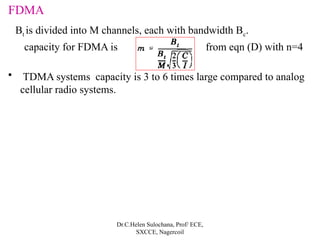 FDMA
Bt is divided into M channels, each with bandwidth Bc.
capacity for FDMA is from eqn (D) with n=4
• TDMA systems capacity is 3 to 6 times large compared to analog
cellular radio systems.
Dr.C.Helen Sulochana, Prof/ ECE,
SXCCE, Nagercoil
 