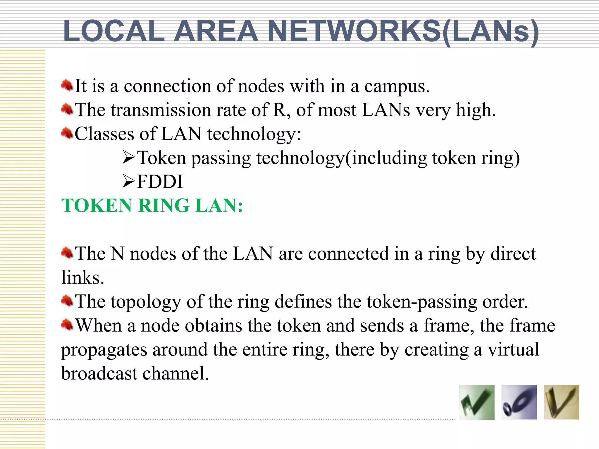 LOCAL AREA NETWORKS(LANs)
It is a connection of nodes with in a campus.
The transmission rate of R, of most LANs very high.
Classes of LAN technology:
Token passing technology(including token ring)
FDDI
TOKEN RING LAN:

The N nodes of the LAN are connected in a ring by direct
links.
The topology of the ring defines the token-passing order.
When a node obtains the token and sends a frame, the frame
propagates around the entire ring, there by creating a virtual
broadcast channel.

 