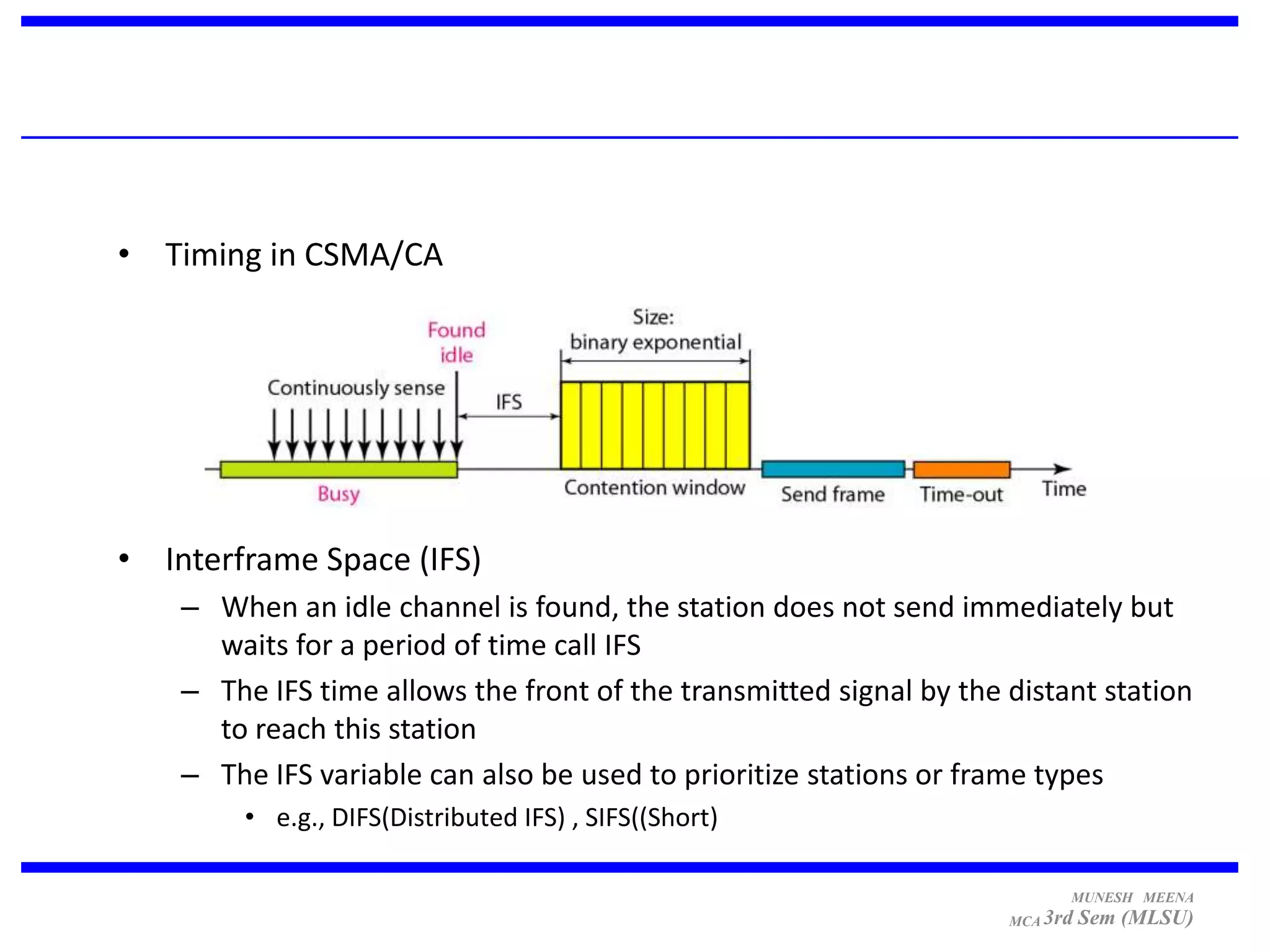 • Timing in CSMA/CA




• Interframe Space (IFS)
    – When an idle channel is found, the station does not send immediately but
      waits for a period of time call IFS
    – The IFS time allows the front of the transmitted signal by the distant station
      to reach this station
    – The IFS variable can also be used to prioritize stations or frame types
         • e.g., DIFS(Distributed IFS) , SIFS((Short)

                                                                           MUNESH MEENA
                                                                     MCA 3rd   Sem (MLSU)
 