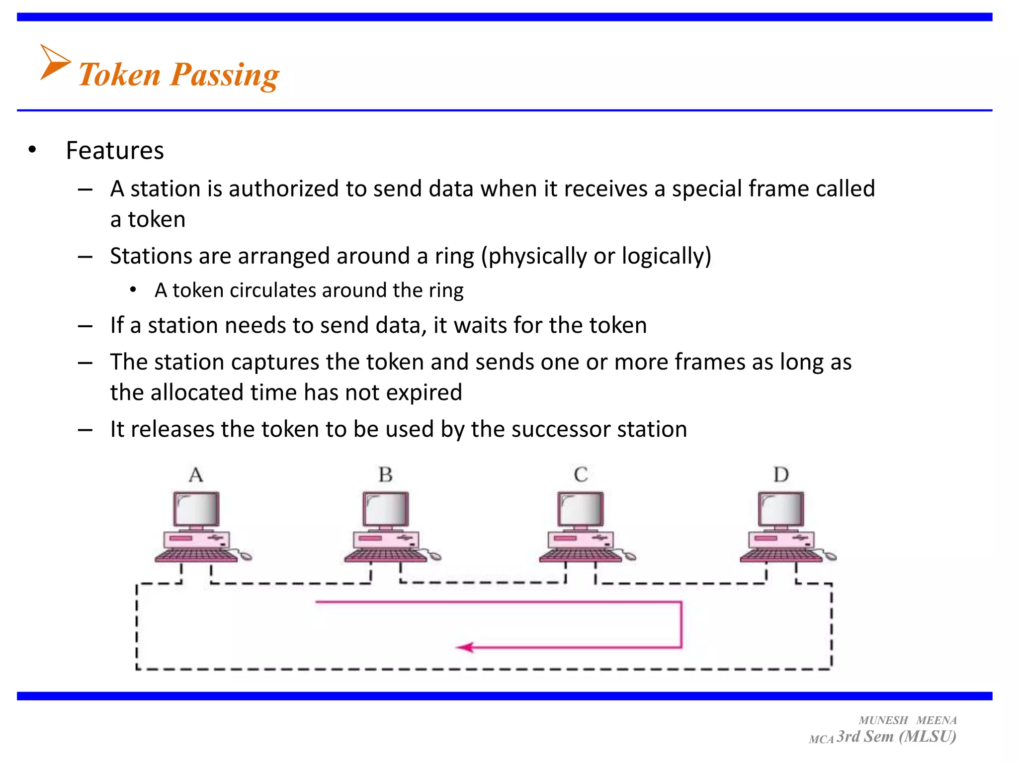 Token Passing
• Features
   – A station is authorized to send data when it receives a special frame called
     a token
   – Stations are arranged around a ring (physically or logically)
       • A token circulates around the ring
   – If a station needs to send data, it waits for the token
   – The station captures the token and sends one or more frames as long as
     the allocated time has not expired
   – It releases the token to be used by the successor station




                                                                                MUNESH MEENA
                                                                          MCA 3rd   Sem (MLSU)
 