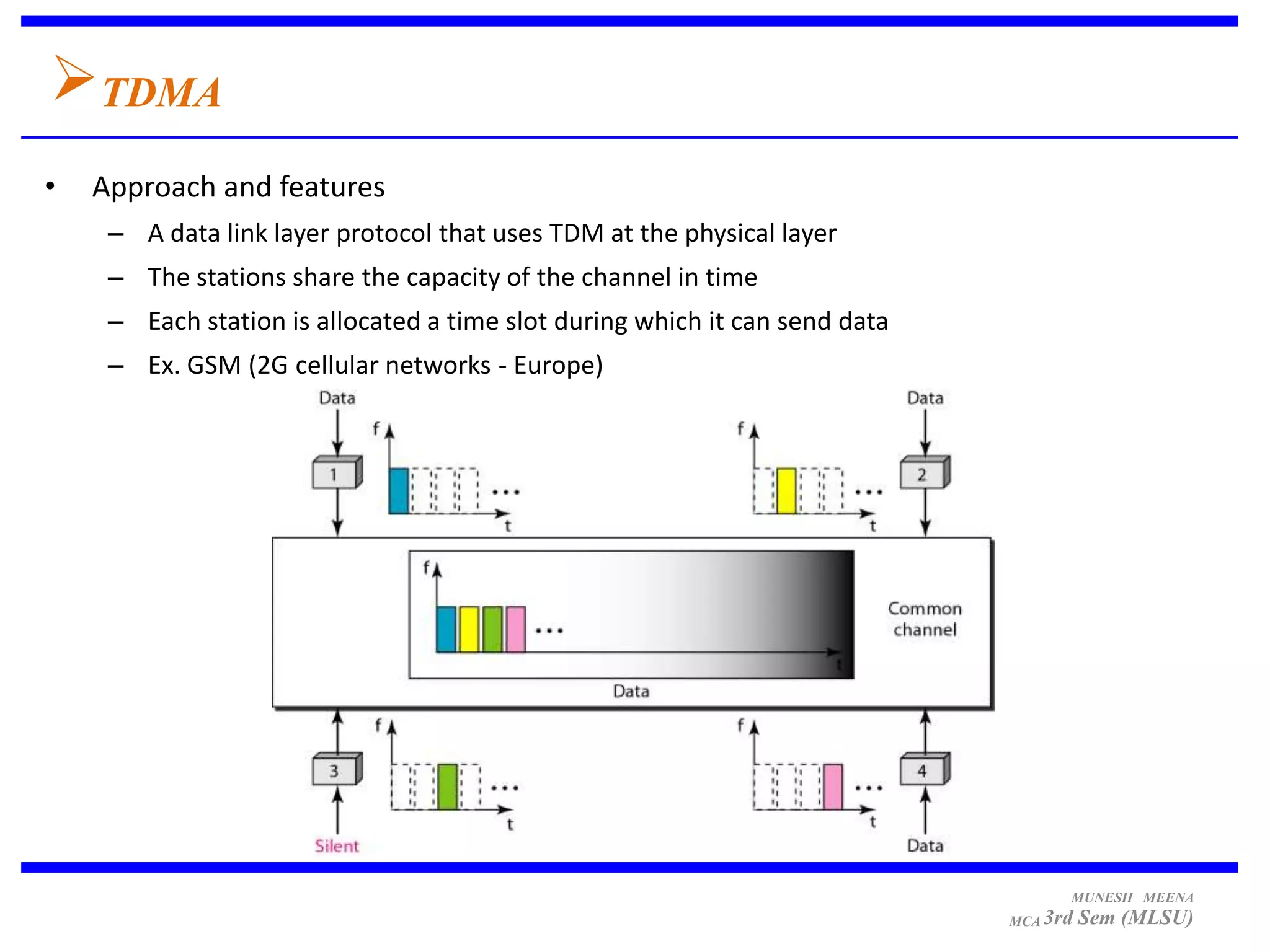 TDMA
•   Approach and features
     – A data link layer protocol that uses TDM at the physical layer
     – The stations share the capacity of the channel in time
     – Each station is allocated a time slot during which it can send data
     – Ex. GSM (2G cellular networks - Europe)




                                                                                   MUNESH MEENA
                                                                             MCA 3rd   Sem (MLSU)
 