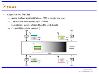 FDMA
•   Approach and features
     – A data link layer protocol that uses FDM at the physical layer
     – The available...