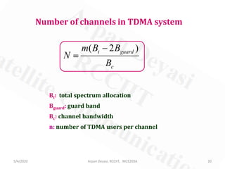 5/4/2020 Arpan Deyasi, RCCIIT, MCE203A 20
Number of channels in TDMA system
( 2 )t guard
c
m B B
N
B
−
=
Bt: total spectrum allocation
Bguard: guard band
Bc: channel bandwidth
n: number of TDMA users per channel
 