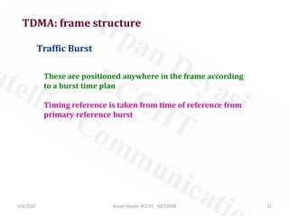 5/4/2020 Arpan Deyasi, RCCIIT, MCE203A 21
TDMA: frame structure
Traffic Burst
These are positioned anywhere in the frame according
to a burst time plan
Timing reference is taken from time of reference from
primary reference burst
 