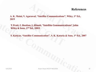 5/4/2020 Arpan Deyasi RCCIIT MCE203A 32
A. K. Maini, V. Agarawal, “Satellite Communications”, Wiley, 1st Ed.,
2019
References
T. Pratt, C. Bostian, J. Allnutt, “Satellite Communications”, John
Wiley & Sons, 2nd Ed., 2003
S. Katiyar, “Satellite Communication”, S. K. Kataria & Sons, 1st Ed., 2007
 