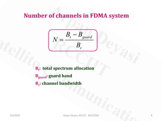 5/4/2020 Arpan Deyasi, RCCIIT, MCE203A 8
Number of channels in FDMA system
t guard
c
B B
N
B
−
=
Bt: total spectrum allocation
Bguard: guard band
Bc: channel bandwidth
 