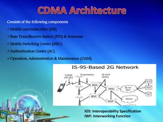 Consists of the following components
Mobile user/subscriber (MS)
Base Trans/Receive Station (BTS) & Antennae
Mobile Switching Center (MSC)
Authentication Center (AC)
Operation, Administration & Maintenance (OAM)
IOS: Interoperability Specification
IWF: Interworking Function
 