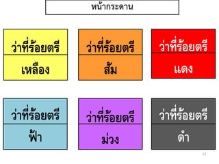 13
หน้ำกระดำน
ว่าที่ร้อยตรี
เหลือง
ว่าที่ร้อยตรี
ส้ม
ว่าที่ร้อยตรี
แดง
ว่าที่ร้อยตรี
ฟ้ า
ว่าที่ร้อยตรี
ม่วง
ว่าที่ร้อยตรี
ดา
 