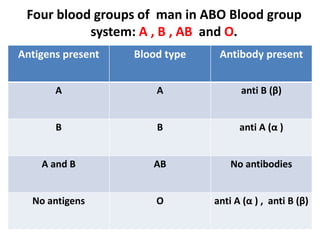 Four blood groups of man in ABO Blood group
system: A , B , AB and O.
Antigens present Blood type Antibody present
A A anti B (β)
B B anti A (α )
A and B AB No antibodies
No antigens O anti A (α ) , anti B (β)
 
