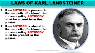 LAWS OF KARL LANDSTEINER
1. If an ANTIGEN is present in
the red cells of a blood, the
corresponding ANTIBODY
must be absent from the
plasma.
2. If an ANTIGEN is absent in
the red cells of a blood, the
corresponding ANTIBODY
must be present in the
plasma.
Mr. Dinabandhu Barad, MSc Tutor, SNC, SOA, DTU
 
