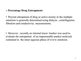 40 
 Percentage Drug Entrapment: 
• Percent entrapment of drug or active moiety in the multiple 
emulsion is generally determined using dialysis , centrifugation, 
filtration and conductivity measurements. 
• However , recently an internal tracer /marker was used to 
evaluate the entrapment of an impermeable marker molecule 
contained in the inner aqueous phase of w/o/w emulsion. 
 