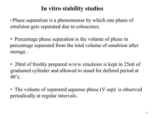 45 
In vitro stability studies 
• Phase separation is a phenomenon by which one phase of 
emulsion gets separated due to colescence. 
• Percentage phase separation is the volume of phase in 
percentage separated from the total volume of emulsion after 
storage . 
• 20ml of freshly prepared w/o/w emulsion is kept in 25ml of 
graduated cylinder and allowed to stand for defined period at 
40˚c. 
• The volume of separated aqueous phase (V sep) is observed 
periodically at regular intervals. 
 
