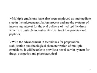 Multiple emulsions have also been employed as intermediate 
step in the microencapsulation process and are the systems of 
increasing interest for the oral delivery of hydrophilic drugs, 
which are unstable in gastrointestinal tract like proteins and 
peptides. 
55 
With the advancement in techniques for preparation, 
stabilization and rheological characterization of multiple 
emulsions, it will be able to provide a novel carrier system for 
drugs, cosmetics and pharmaceutical 
 