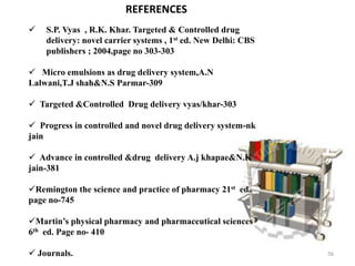 56 
 S.P. Vyas , R.K. Khar. Targeted & Controlled drug 
delivery: novel carrier systems , 1st ed. New Delhi: CBS 
publishers ; 2004,page no 303-303 
 Micro emulsions as drug delivery system,A.N 
Lalwani,T.J shah&N.S Parmar-309 
 Targeted &Controlled Drug delivery vyas/khar-303 
 Progress in controlled and novel drug delivery system-nk 
jain 
 Advance in controlled &drug delivery A.j khapae&N.K 
jain-381 
Remington the science and practice of pharmacy 21st ed. 
page no-745 
Martin’s physical pharmacy and pharmaceutical sciences 
6th ed. Page no- 410 
 Journals. 
REFERENCES 
 