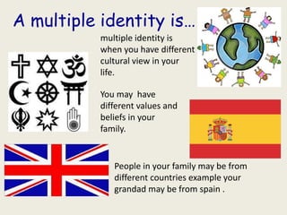 A multiple identity is…
           multiple identity is
           when you have different
           cultural view in your
           life.

           You may have
           different values and
           beliefs in your
           family.


              People in your family may be from
              different countries example your
              grandad may be from spain .
 