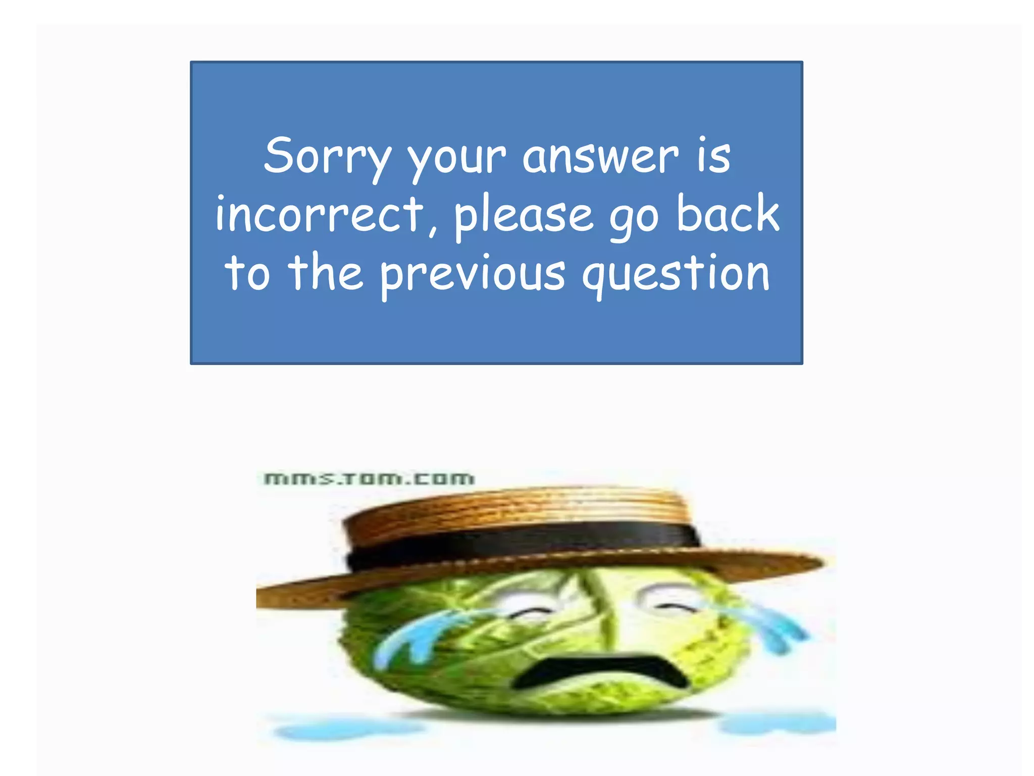Sorry your answer is
incorrect, please go back
 to the previous question
 