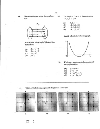 - l0-
4E.    The arrow diagram below shows a fune-         49.   The range of f : x -+ xr for the domain
       tion                                                t-2,-1,0,1,2)   is


                         f                                 (A)       {0,1,8}
                        --)}                               (B)       {-2,-1,0,1,2}
                                                           (c)       {-6, -3,0,3,6}
                                                           (D)       {-8,-1,0,1,8}


                                                           Item 5O refers to the following graph.



       Which ofthe following BEST describes
       thefirnction?

       (A)     flx):x+3
       (B)     flx):Y+3
       (C)     x:y* 3
       (D)     v:   x


                                                     <n
                                                     JU-    lf a, b andc areconstants,theequationof
                                                            thegraphcouldbe

                                                            (A)      /:af+c
                                                            (B)      l:c.axz
                                                            (c)      Y:d*bx+c
                                                            (D)      y:.c + bx - ax'




 5l-    Which ofthe following represents the graph ofa function?
        yvv




                                                                 m

         (A)        I
 