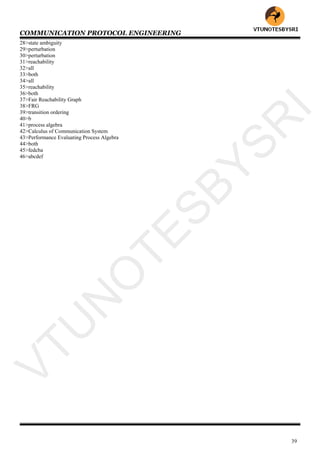 COMMUNICATION PROTOCOL ENGINEERING
39
28>state ambiguity
29>perturbation
30>perturbation
31>reachability
32>all
33>both
34>all
35>reachability
36>both
37>Fair Reachability Graph
38>FRG
39>transition ordering
40>b
41>process algebra
42>Calculus of Communication System
43>Performance Evaluating Process Algebra
44>both
45>fedcba
46>abcdef
VTU
N
O
TESBYSR
I
 